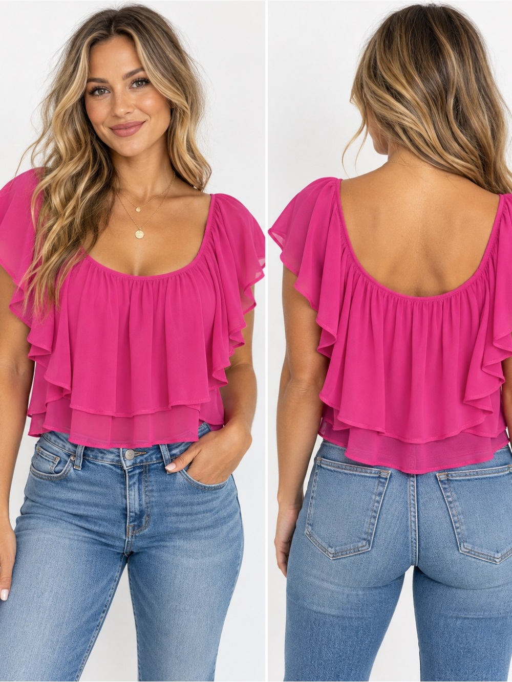 Show Me Your MuMu Layered Flutter Sleeve Scoop Top - Hot Pink